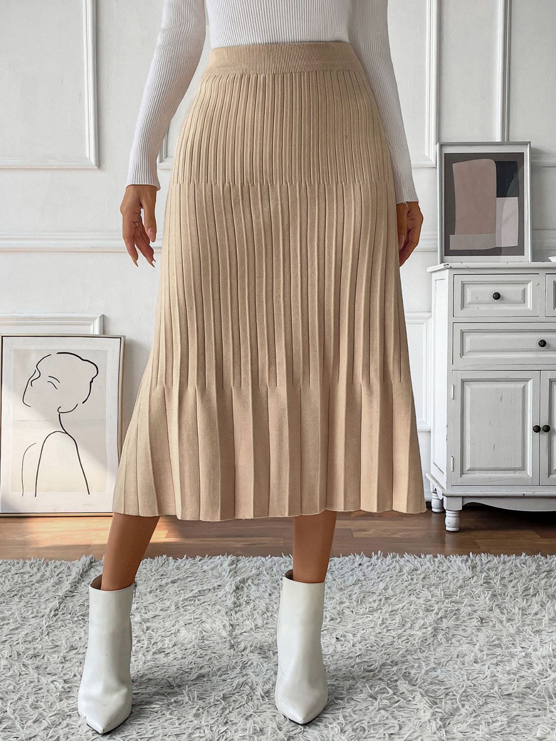 Sweater Pleated Midi Sweater Skirt