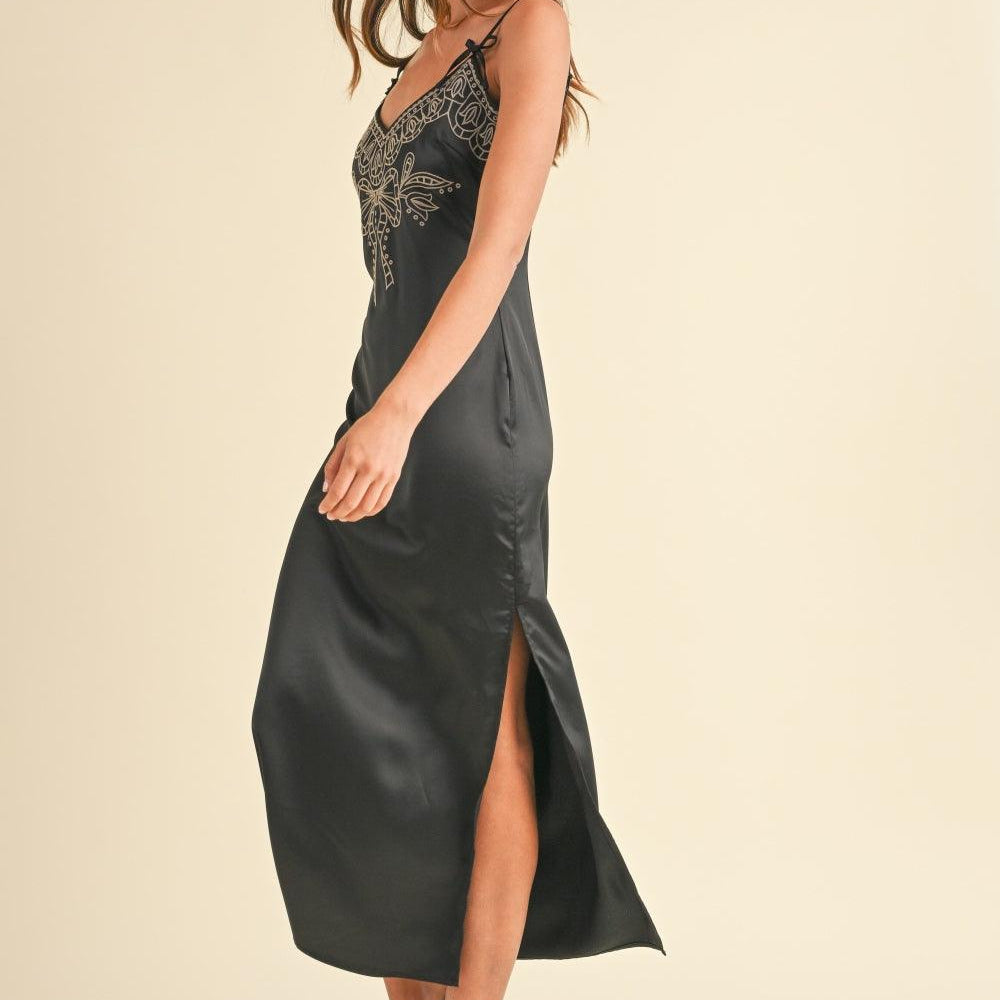 
                      
                        Embroidered Cami Satin Midi Slit Dress
                      
                    