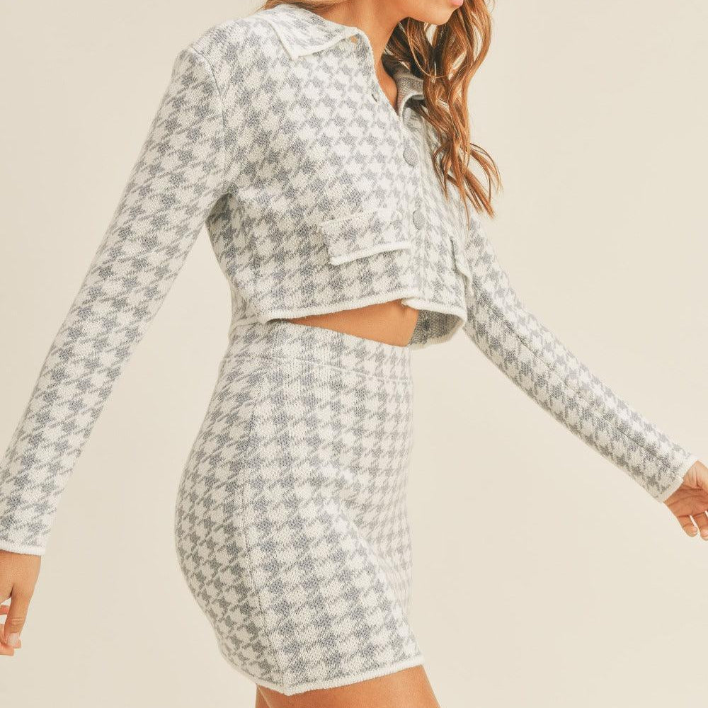 
                      
                        Houndstooth Cropped Knit Cardigan and Mini Skirt Set
                      
                    