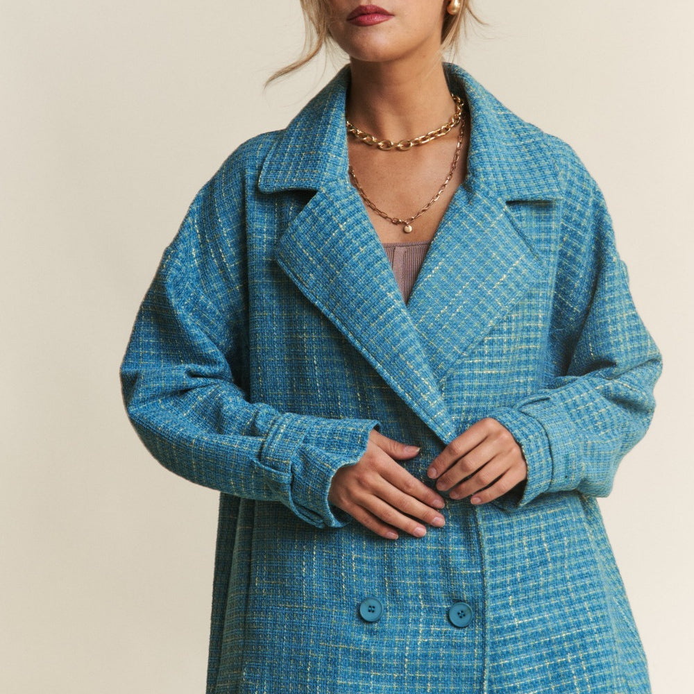 
                      
                        Tweed Double-Breasted Long Sleeve Coat
                      
                    