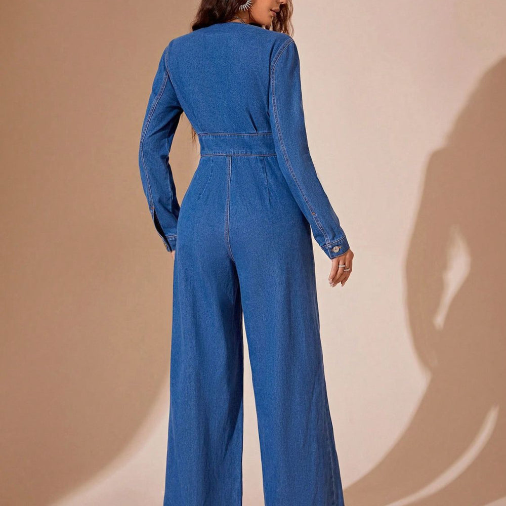 
                  
                    Plunge Long Sleeve Wide Leg Denim Jumpsuit
                  
                