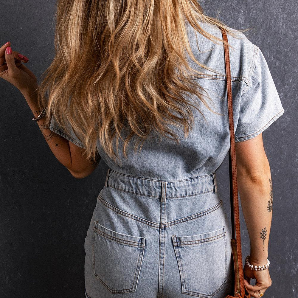 Collared Short Sleeve Denim Romper Rompers