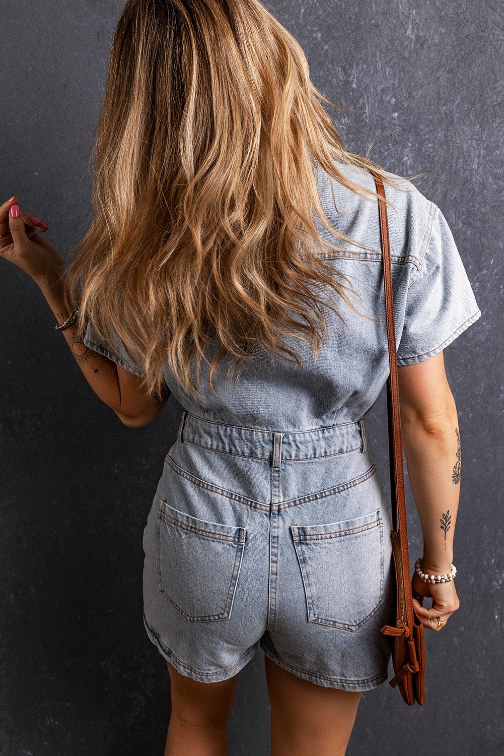 Collared Short Sleeve Denim Romper Rompers