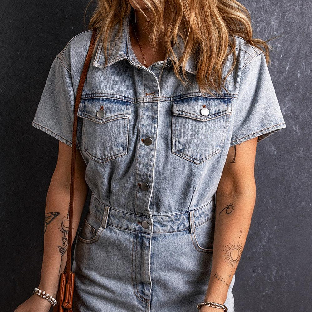 
                  
                    Collared Short Sleeve Denim Romper Rompers
                  
                