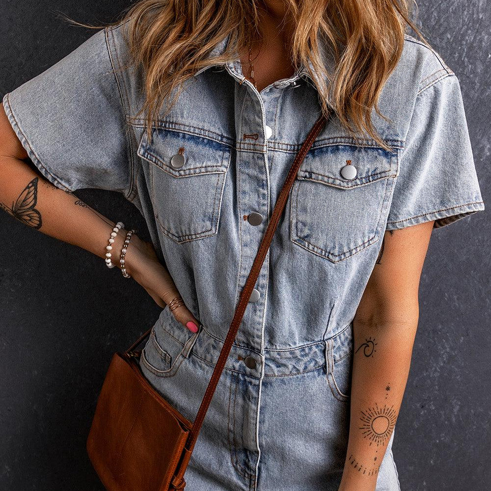 
                  
                    Collared Short Sleeve Denim Romper Rompers
                  
                