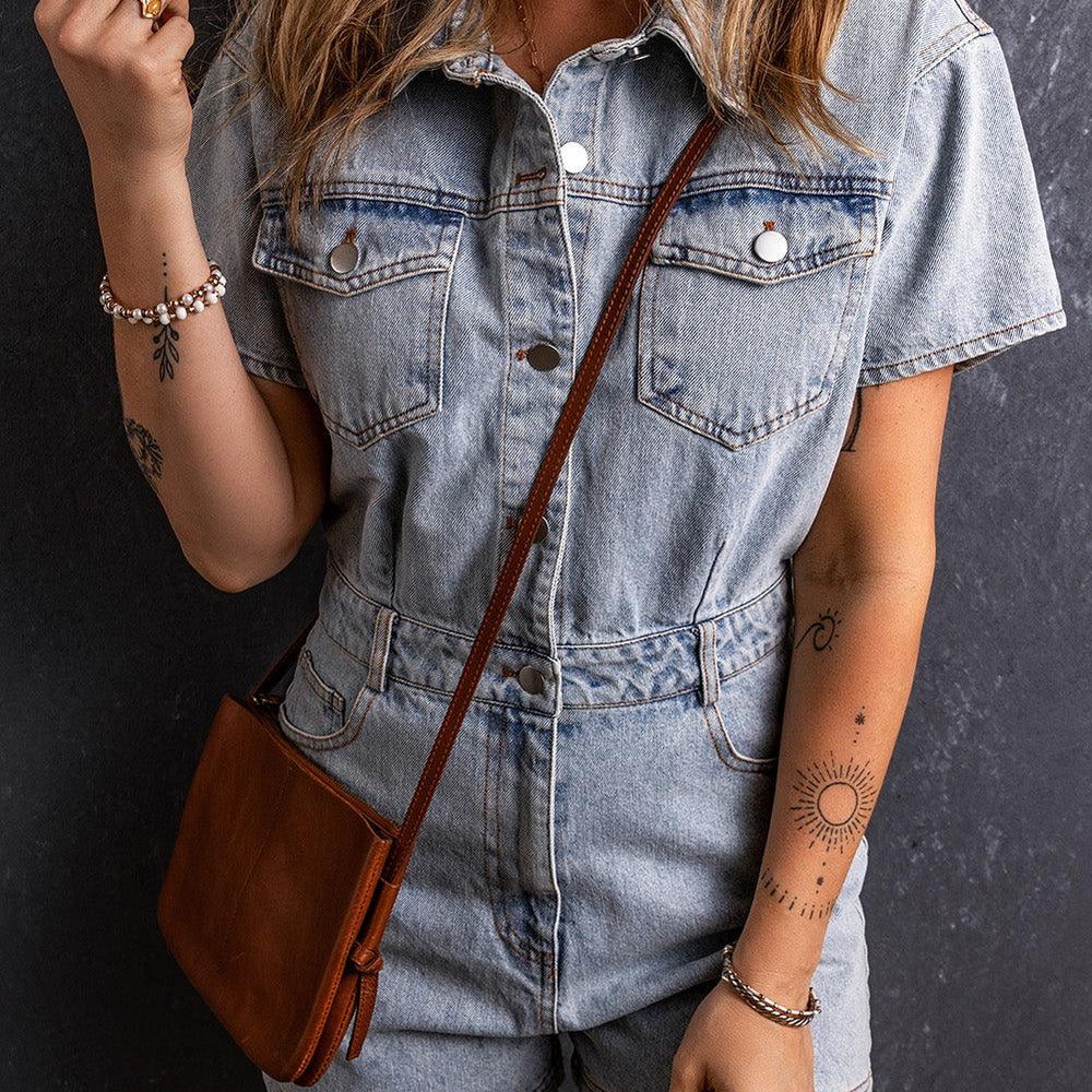 
                  
                    Collared Short Sleeve Denim Romper Rompers
                  
                