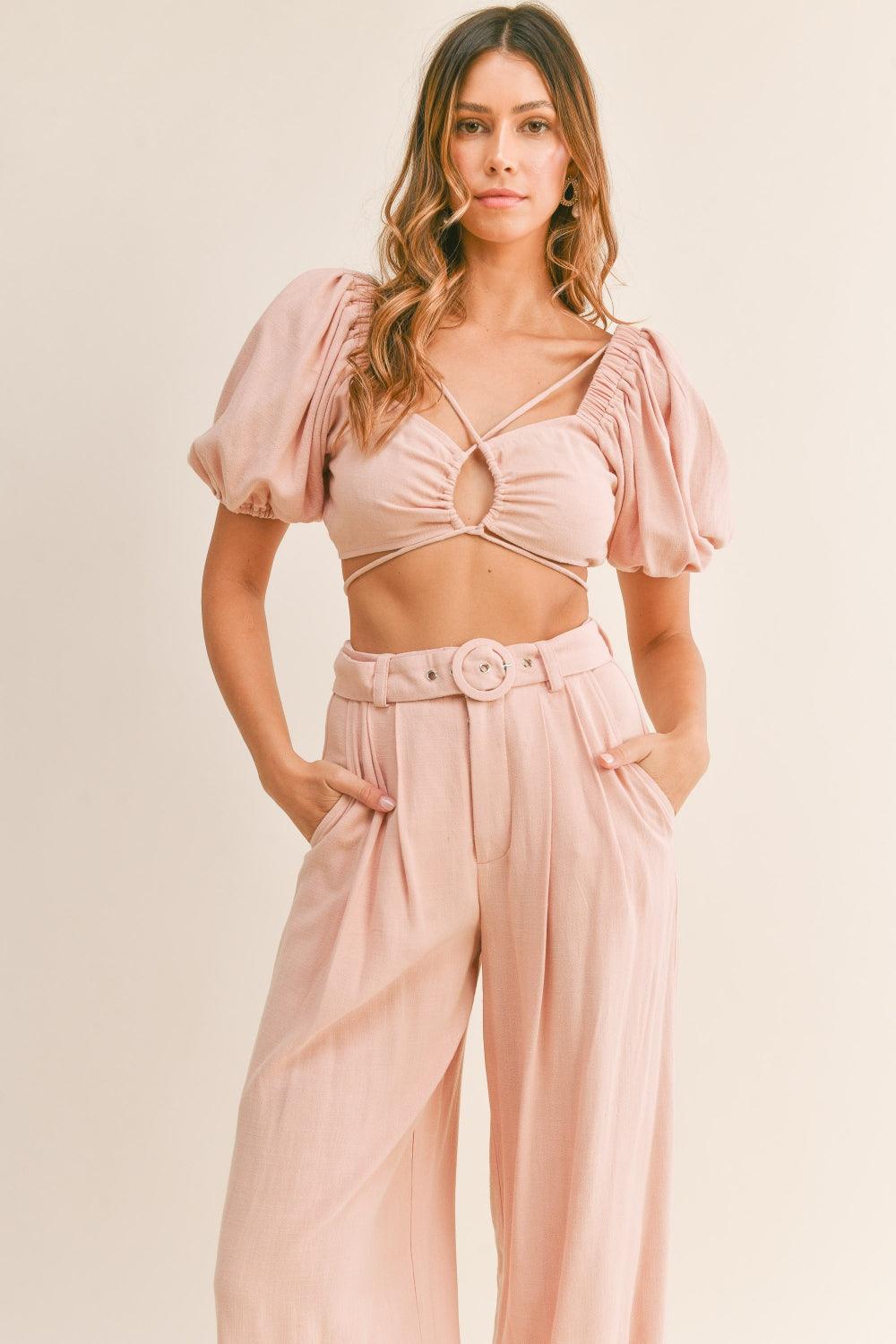 Cut Out Crop Top and Belted Pants Set Sets