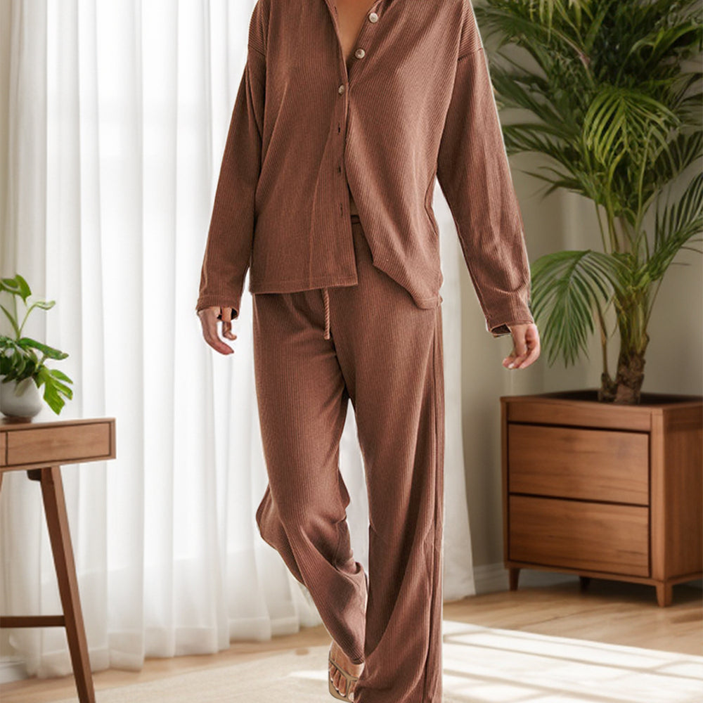 Collared Neck Long Sleeve Top and Drawstring Pants Set