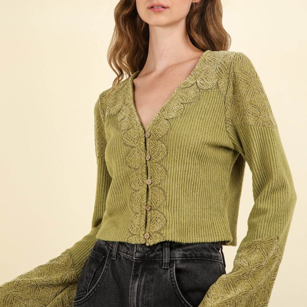 
                      
                        V-Neck Lace Detail Button Down Crop Ribbed Knit Top
                      
                    