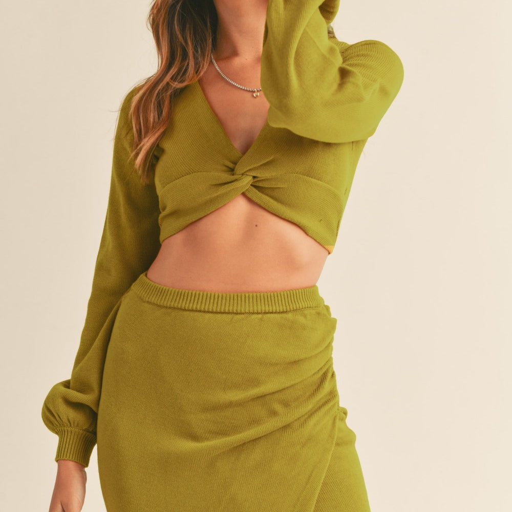 
                      
                        Front Twisted Knit Top and Midi Skirt Set Green
                      
                    