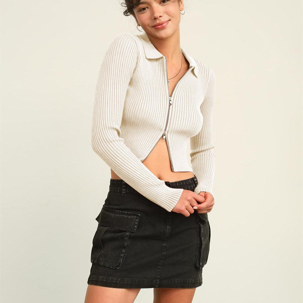 
                      
                        Ribbed Double Zip Cropped Cardigan
                      
                    