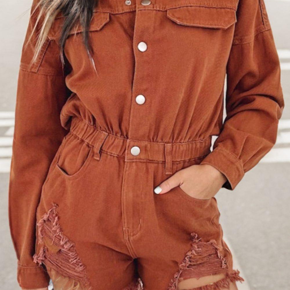 
                      
                        Distressed Raw Hem Snap Down Romper Rompers
                      
                    