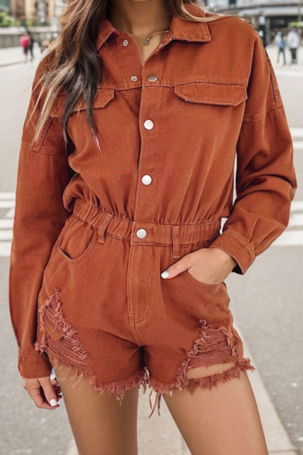 Distressed Raw Hem Snap Down Romper Rompers