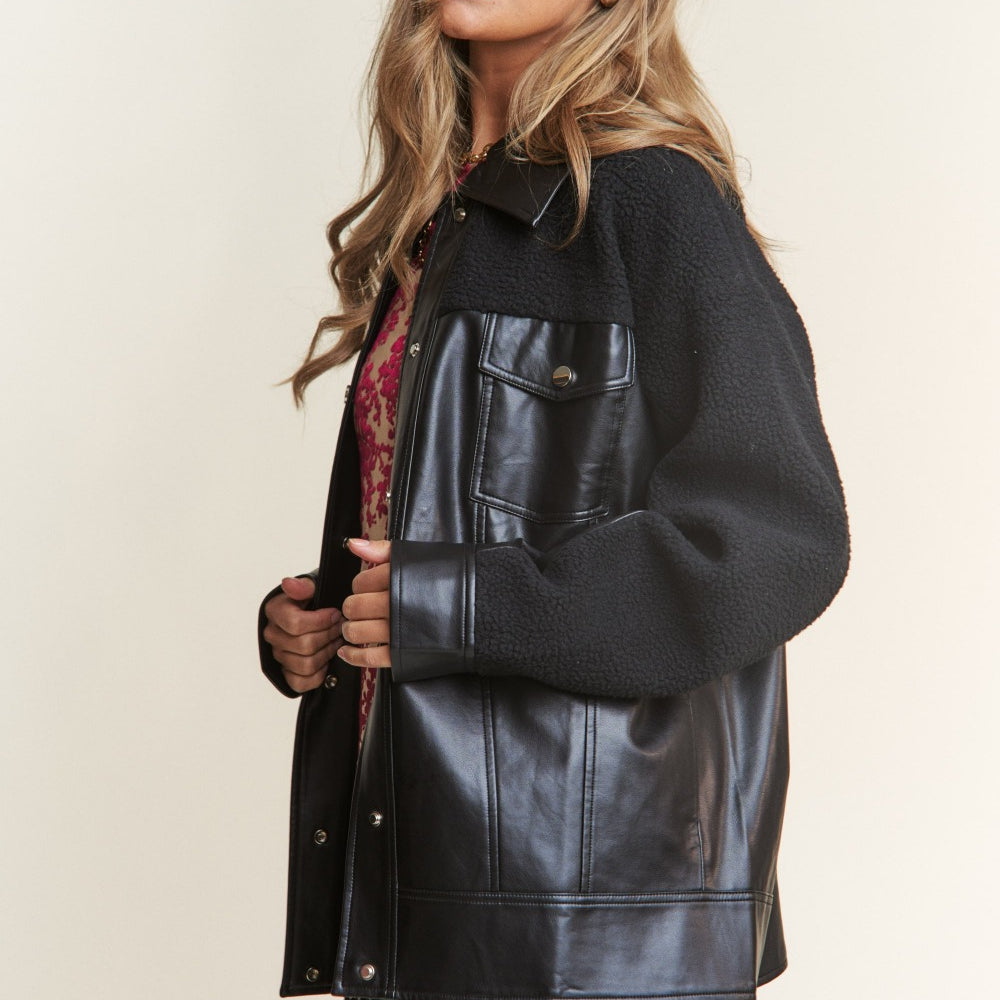 
                      
                        Faux Leather Sherpa Contrast Snap Down Jacket
                      
                    