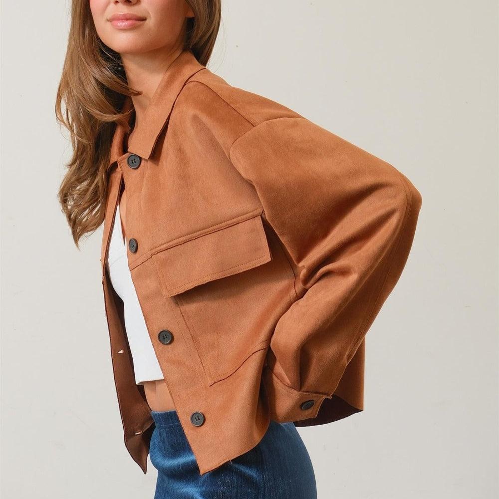 
                      
                        Suede Button Down Cropped Jacket
                      
                    