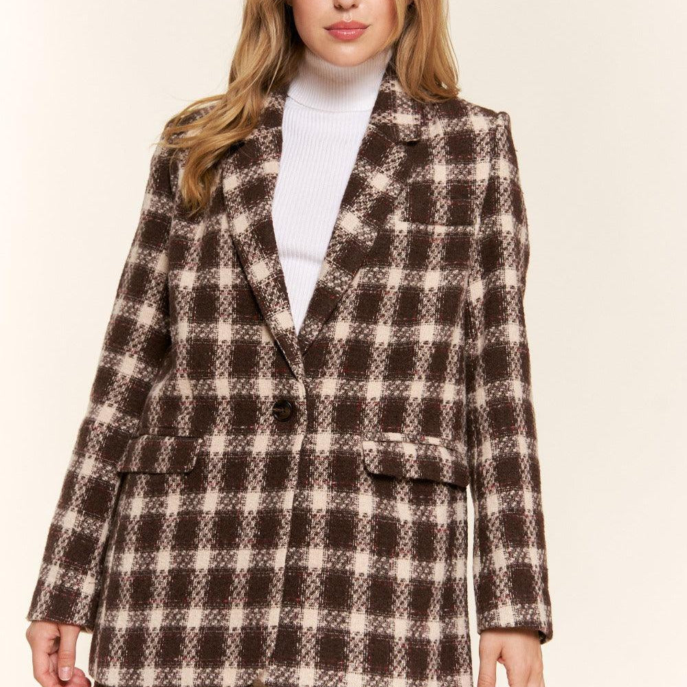 
                      
                        Plaid Brushed One Button Blazer
                      
                    