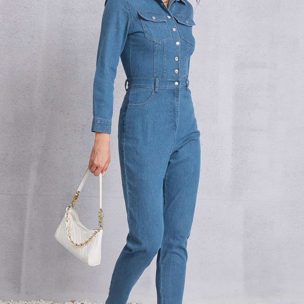 
                      
                        Snap Down Denim Jumpsuit with Pockets
                      
                    