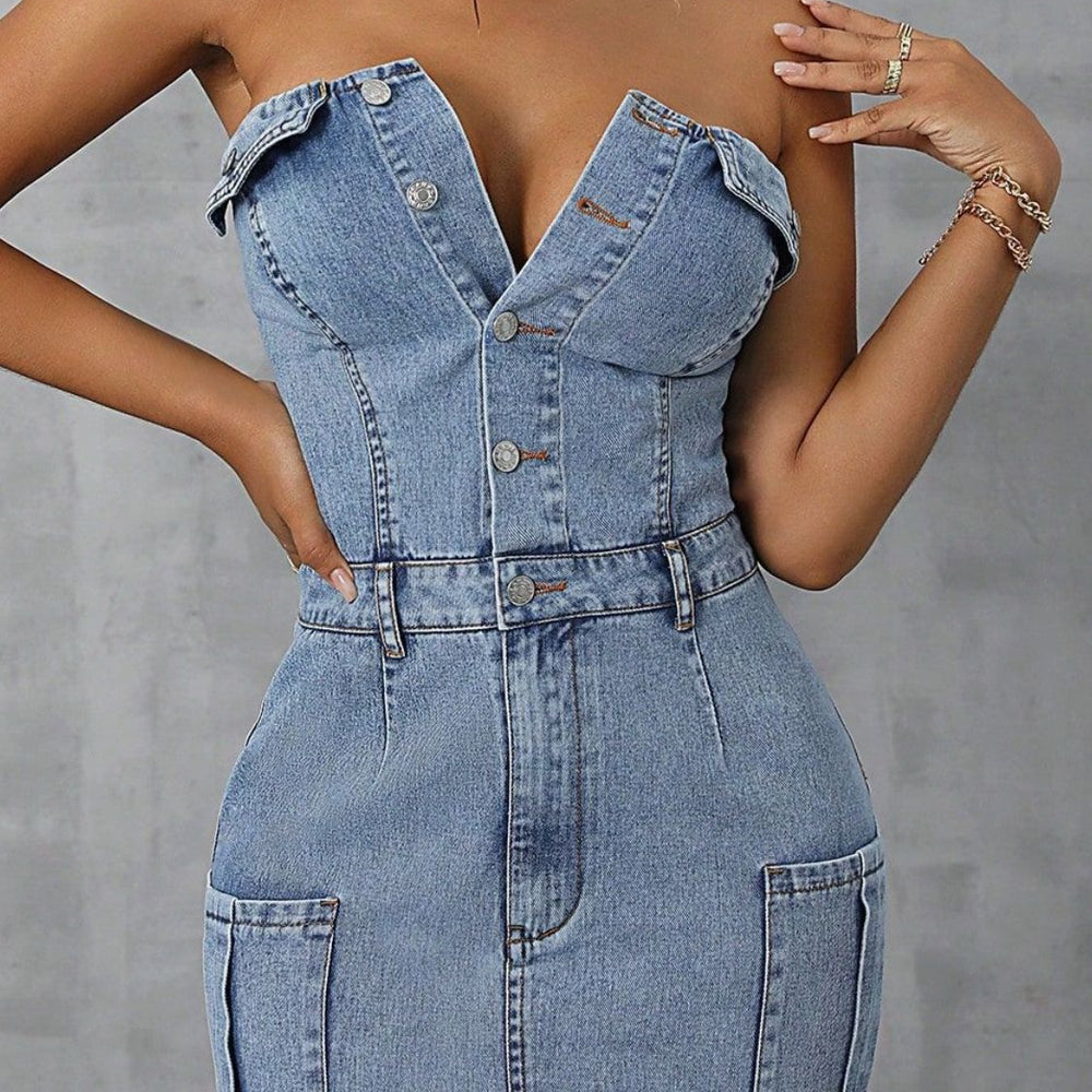 
                  
                    Slit Half Button Tube Denim Dress
                  
                