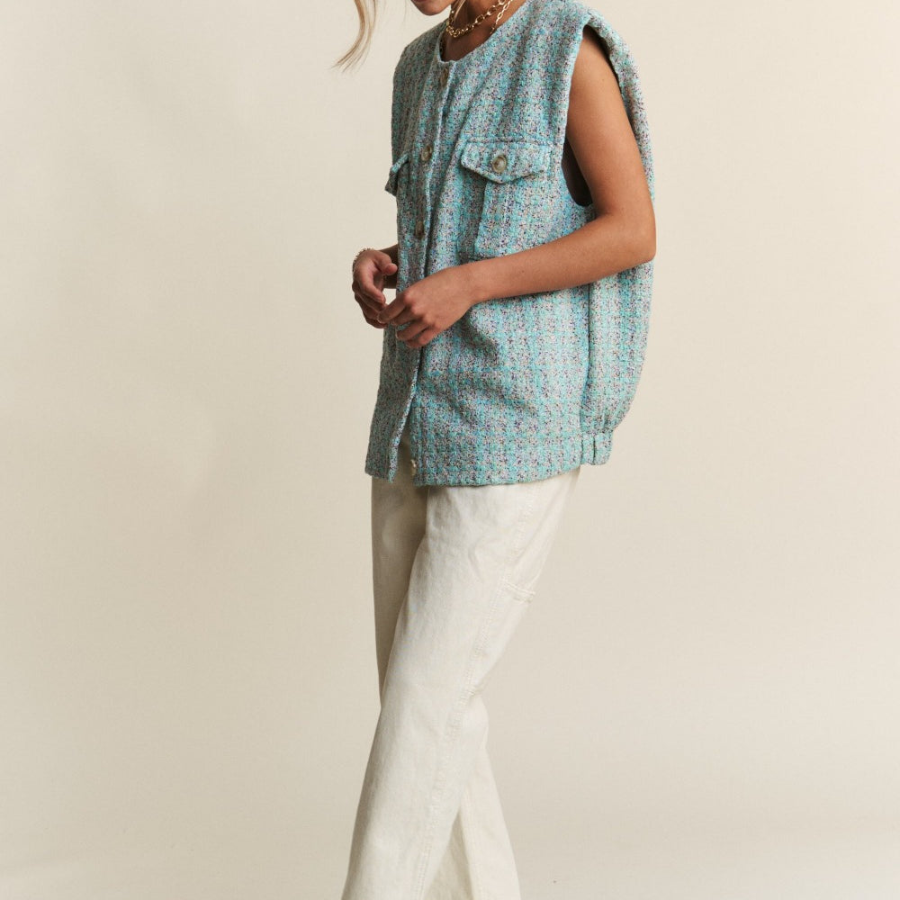 
                      
                        Frayed Tweed Padded Shoulder Vest
                      
                    