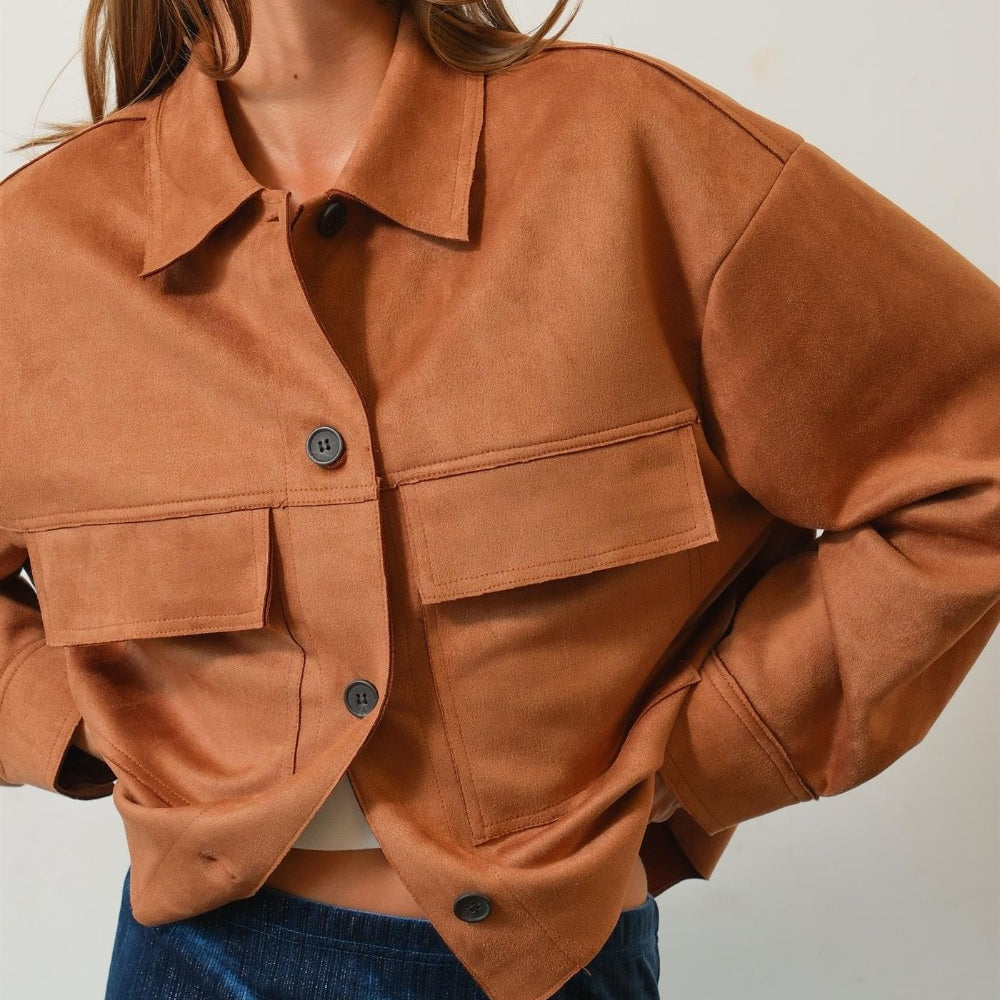 
                      
                        Suede Button Down Cropped Jacket
                      
                    