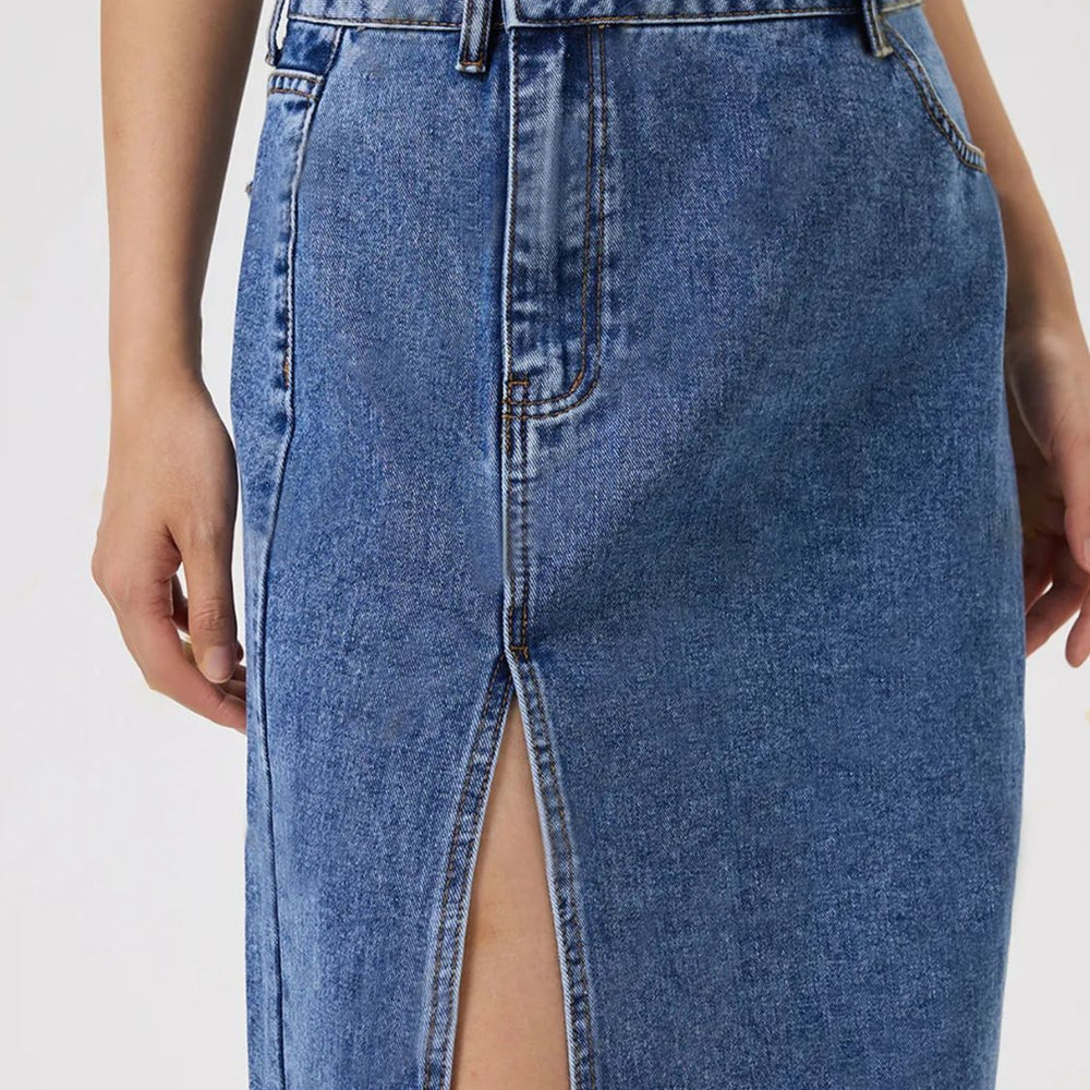 
                      
                        Slit Midi Denim Skirt with Pockets
                      
                    