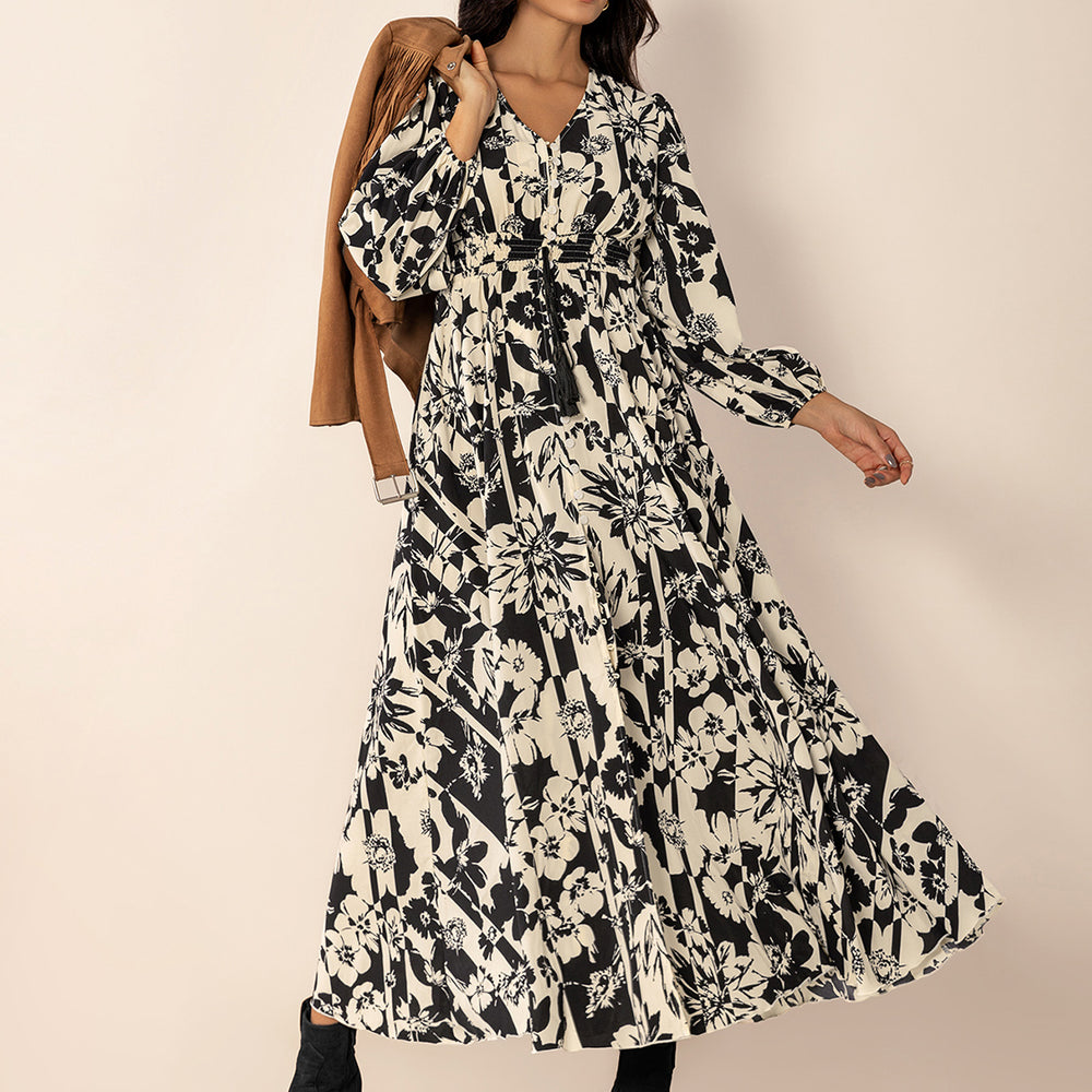 
                  
                    Tied Printed V-Neck Long Sleeve Midi Dress
                  
                