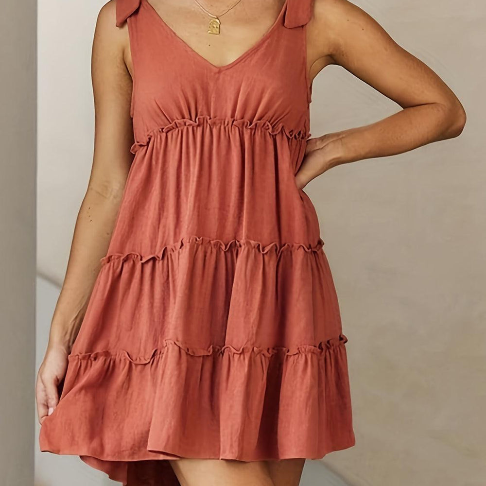 
                  
                    Full Size Frill V-Neck Tie Shoulder Mini Dress Dresses
                  
                