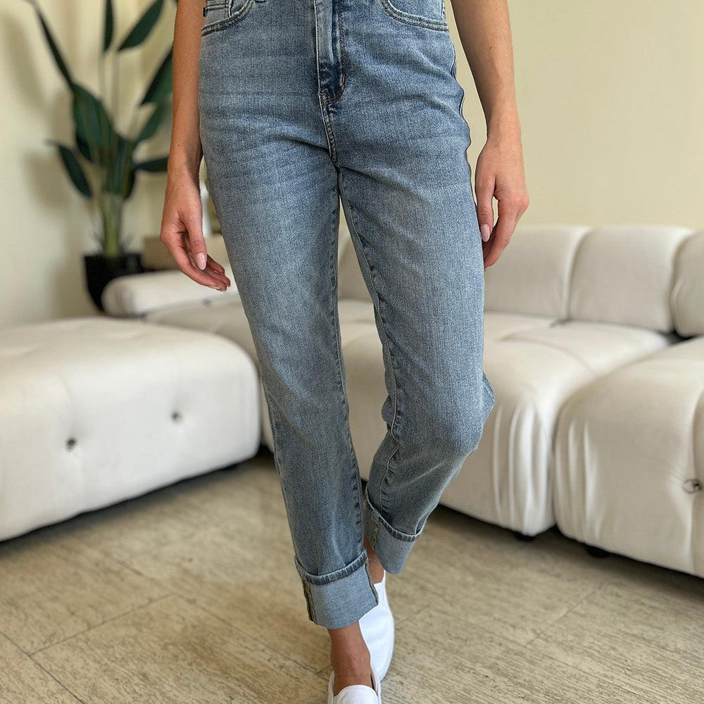 High Waist Cuff Hem Skinny Jeans Jeans