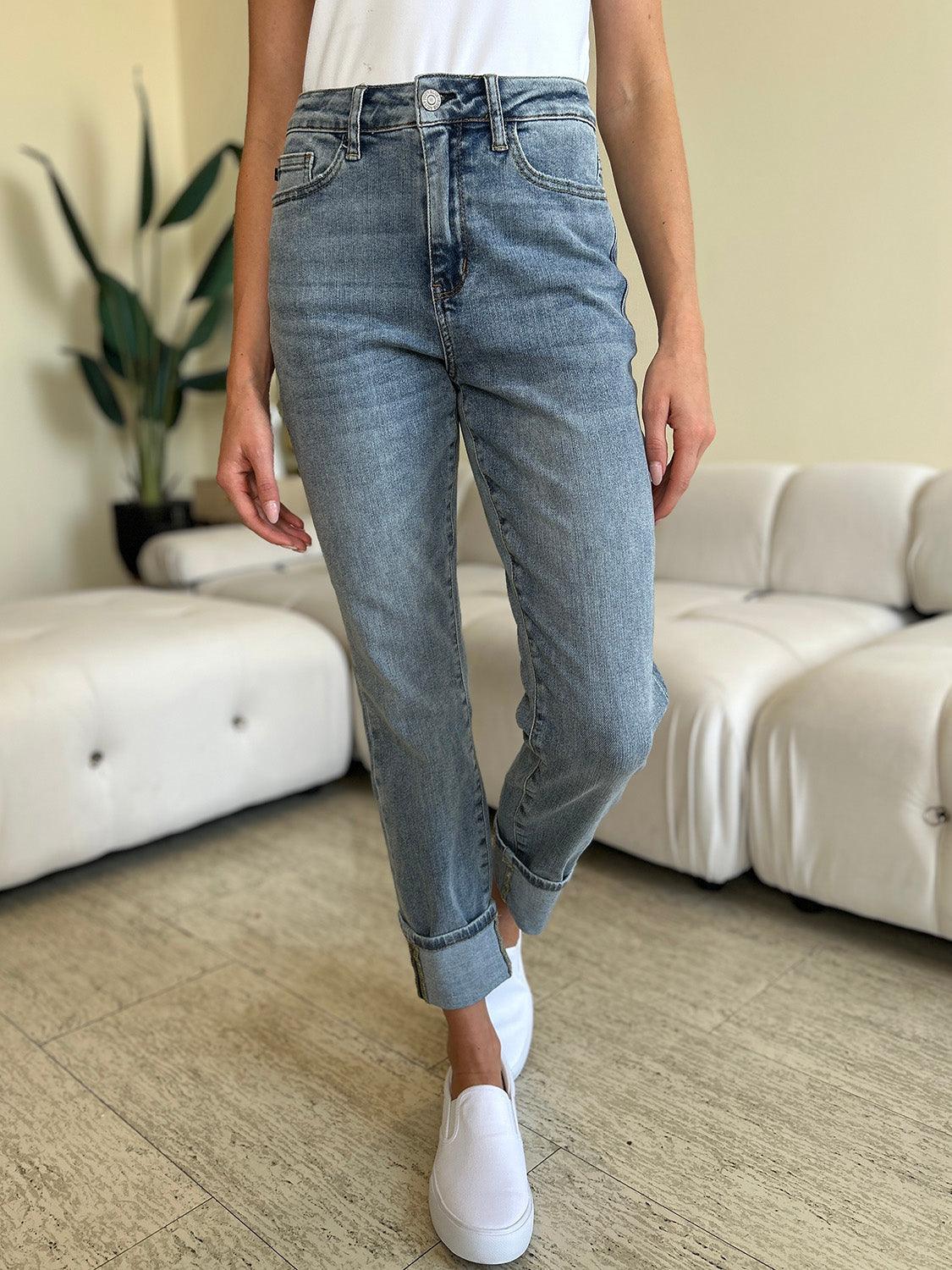 High Waist Cuff Hem Skinny Jeans Jeans