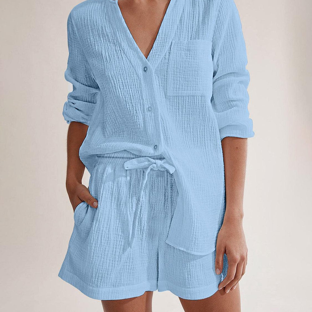 
                  
                    Notched Long Sleeve Top and Shorts Set Sets
                  
                