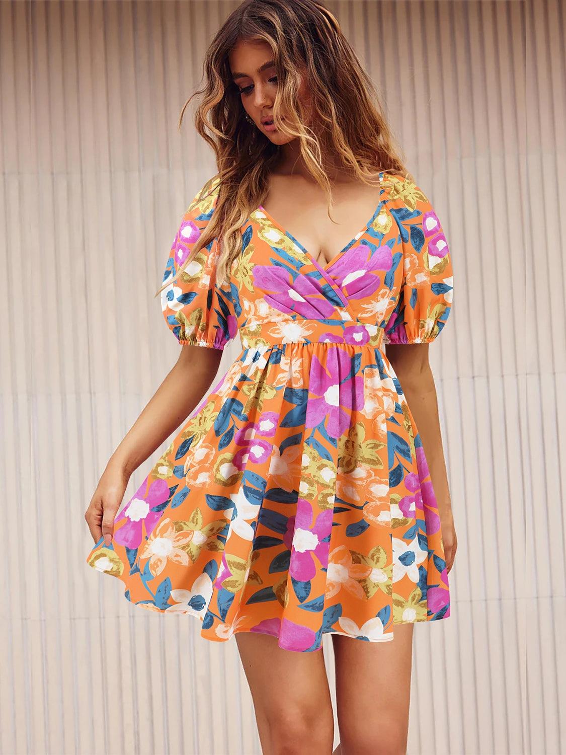 Printed Surplice Short Sleeve Dress Dresses