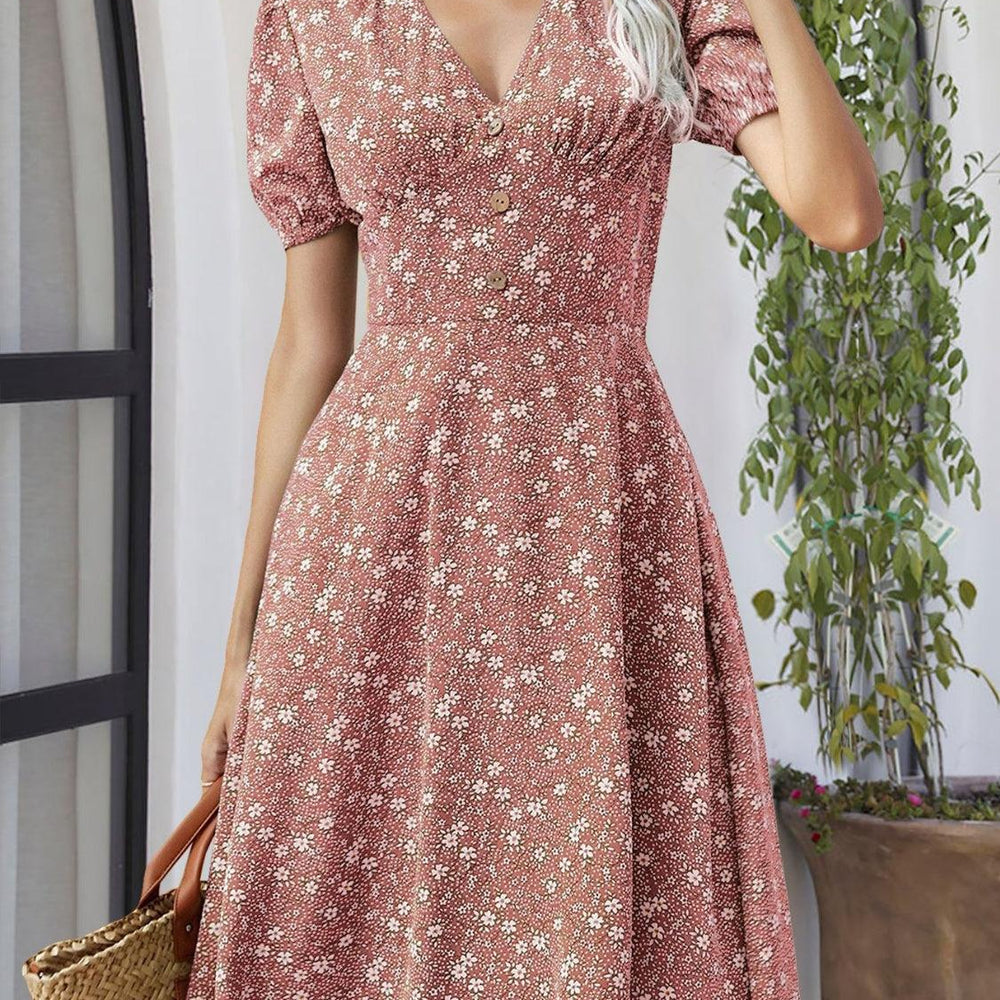 Printed V-Neck Short Sleeve Dress Dresses