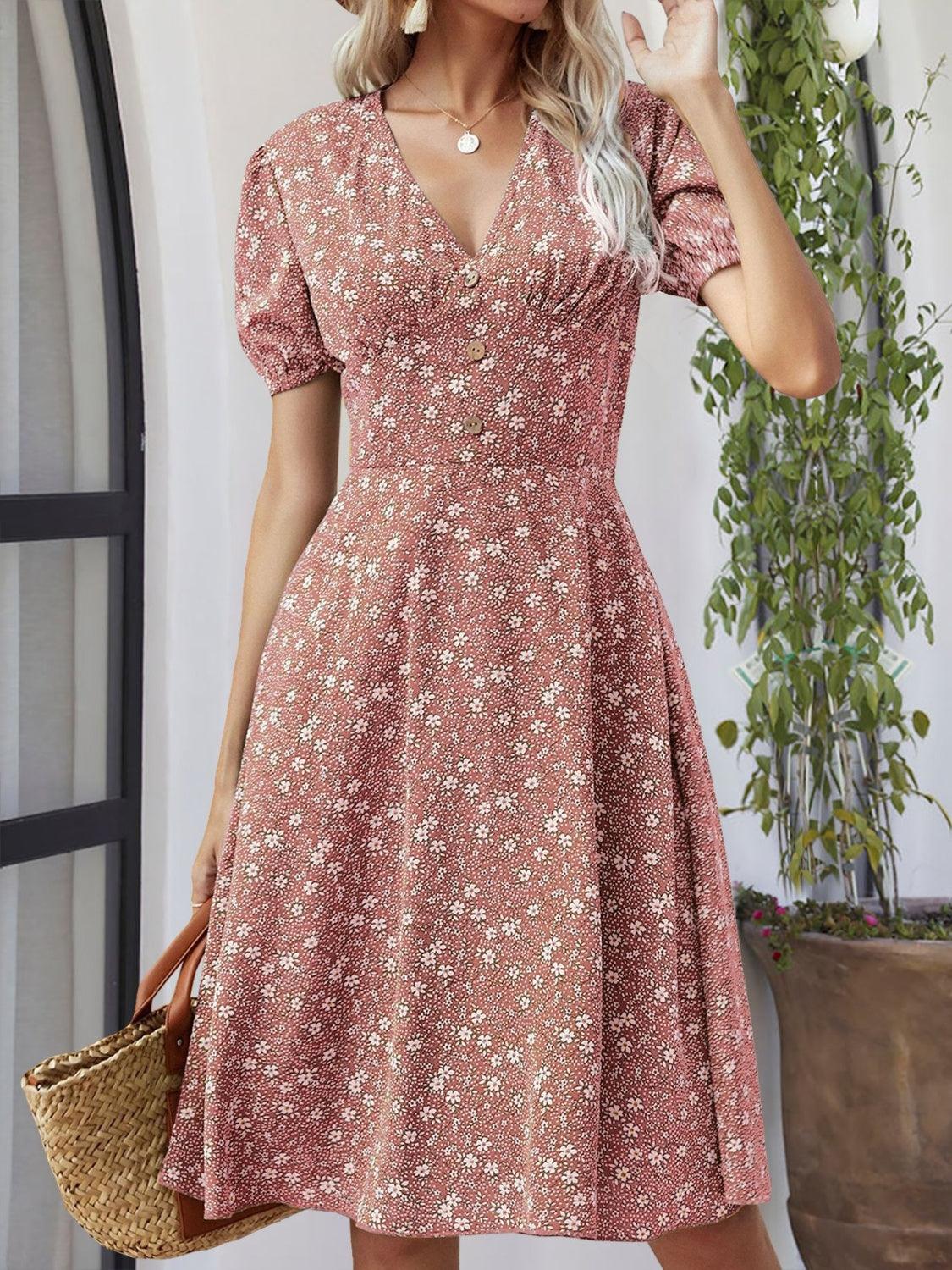 Printed V-Neck Short Sleeve Dress Dresses