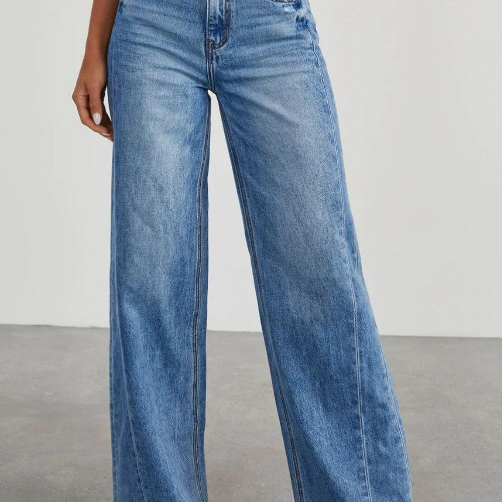 Raw Hem Wide Leg Jeans with Pockets denim