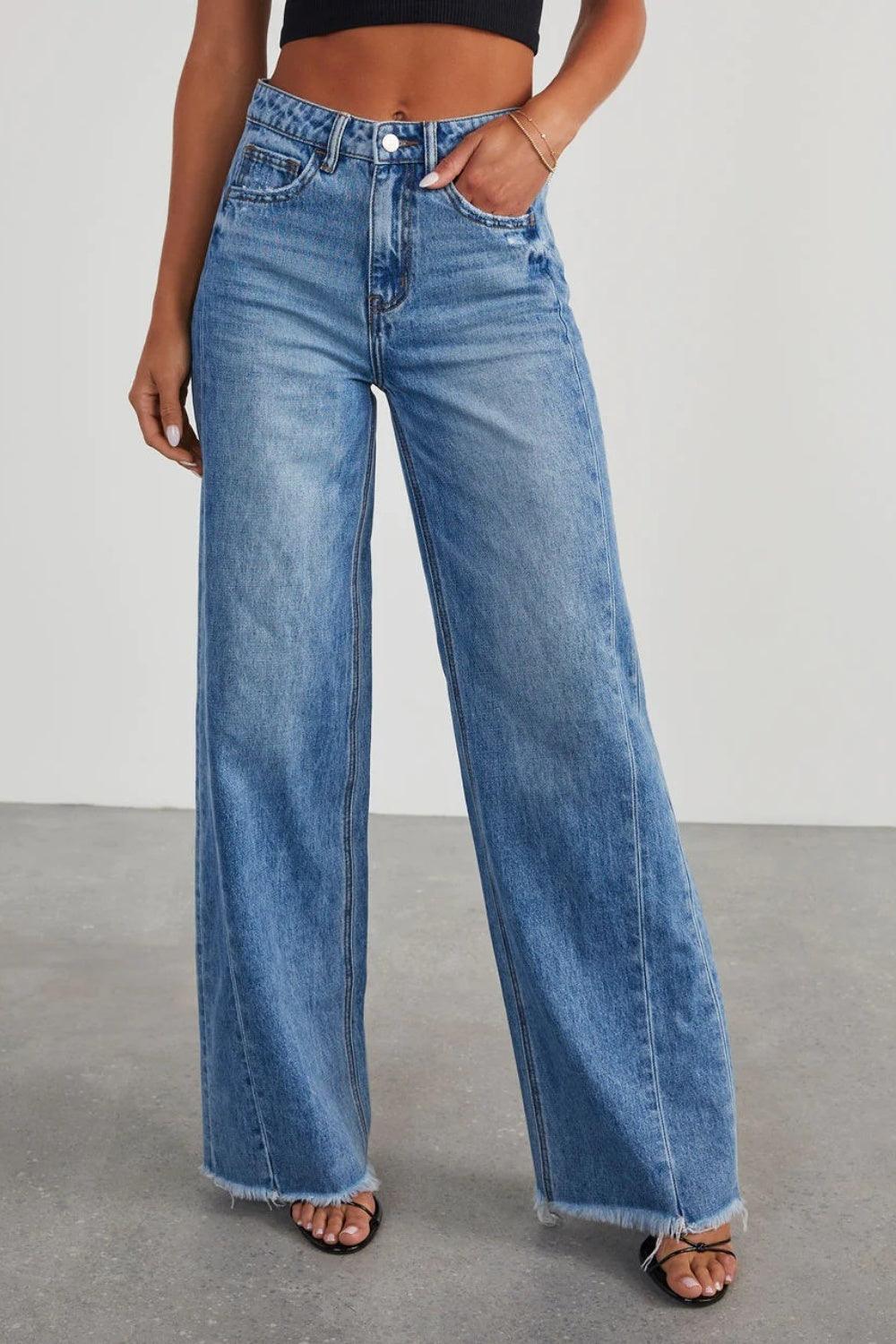 Raw Hem Wide Leg Jeans with Pockets denim