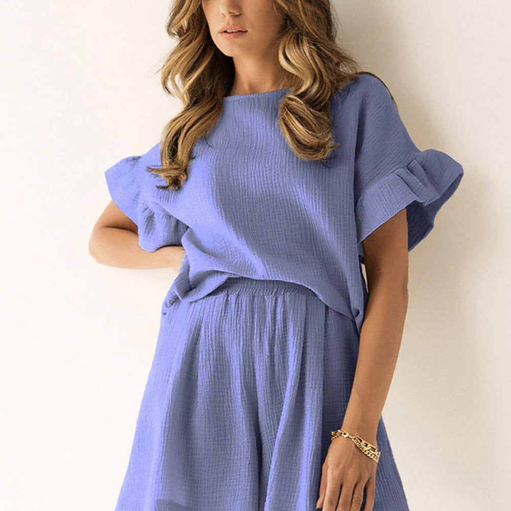 Ruffled Round Neck Top and Shorts Set Sets