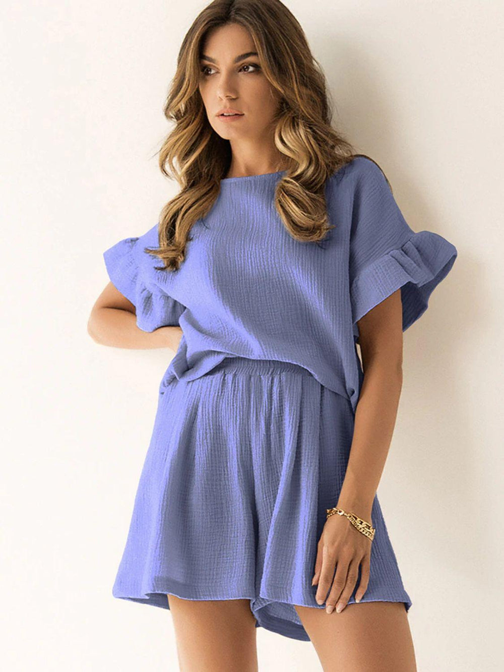 Ruffled Round Neck Top and Shorts Set Sets