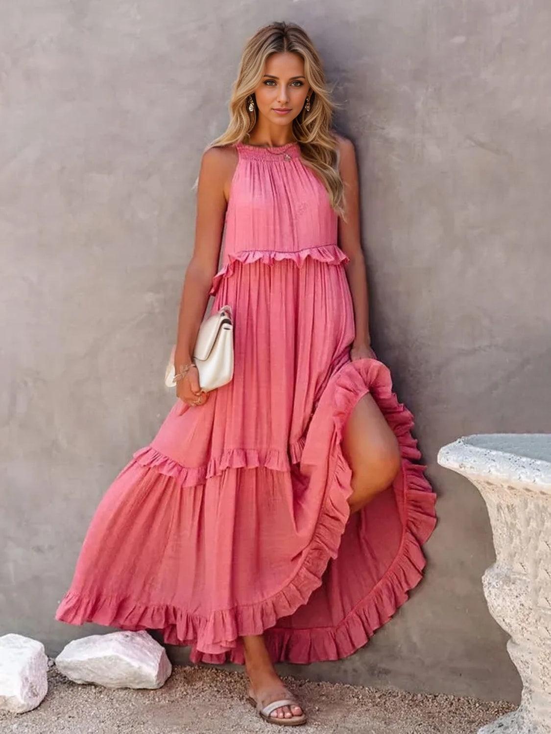 Ruffled Sleeveless Tiered Maxi Dress with Pockets Dresses