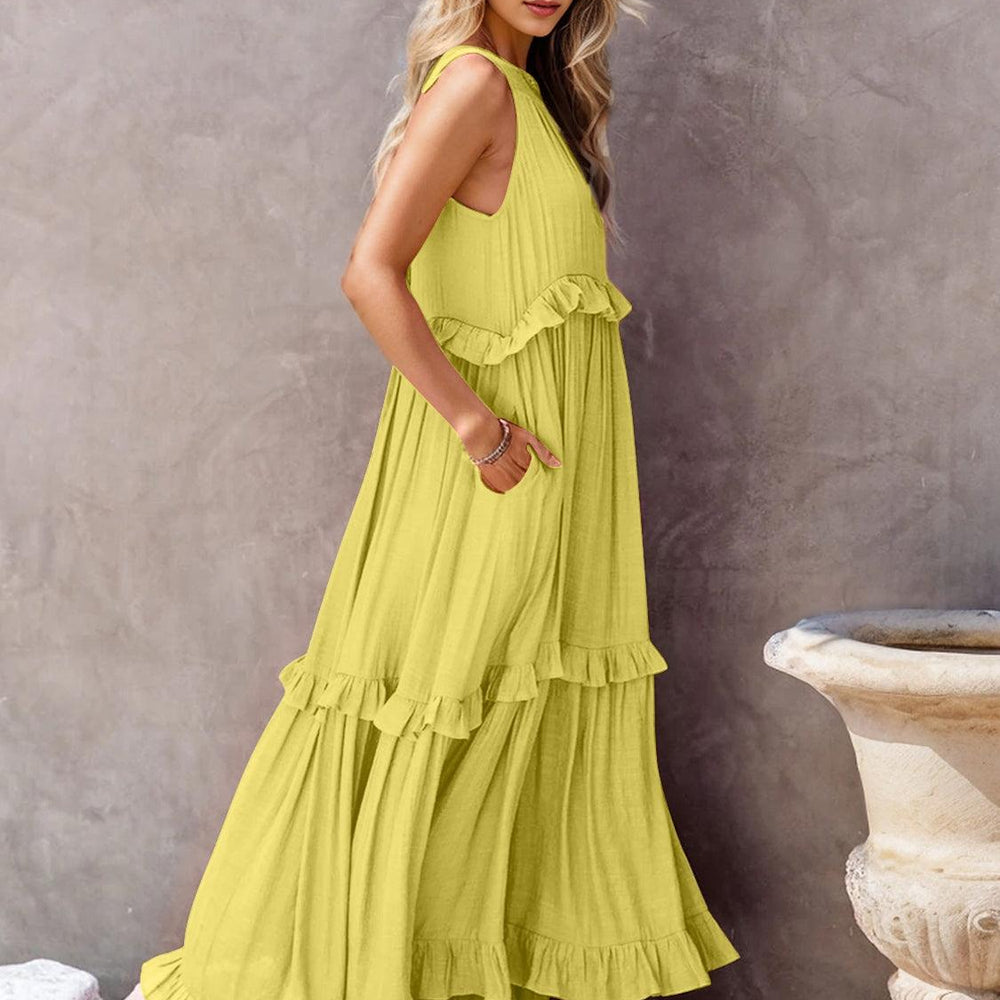 
                      
                        Ruffled Sleeveless Tiered Maxi Dress with Pockets Dresses
                      
                    