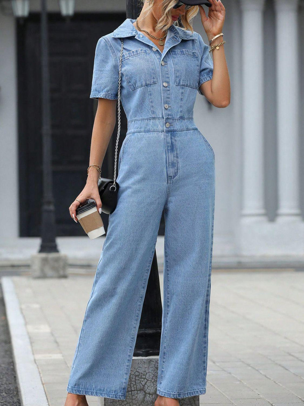 Short Sleeve Wide Leg Denim Jumpsuit Jumpsuits