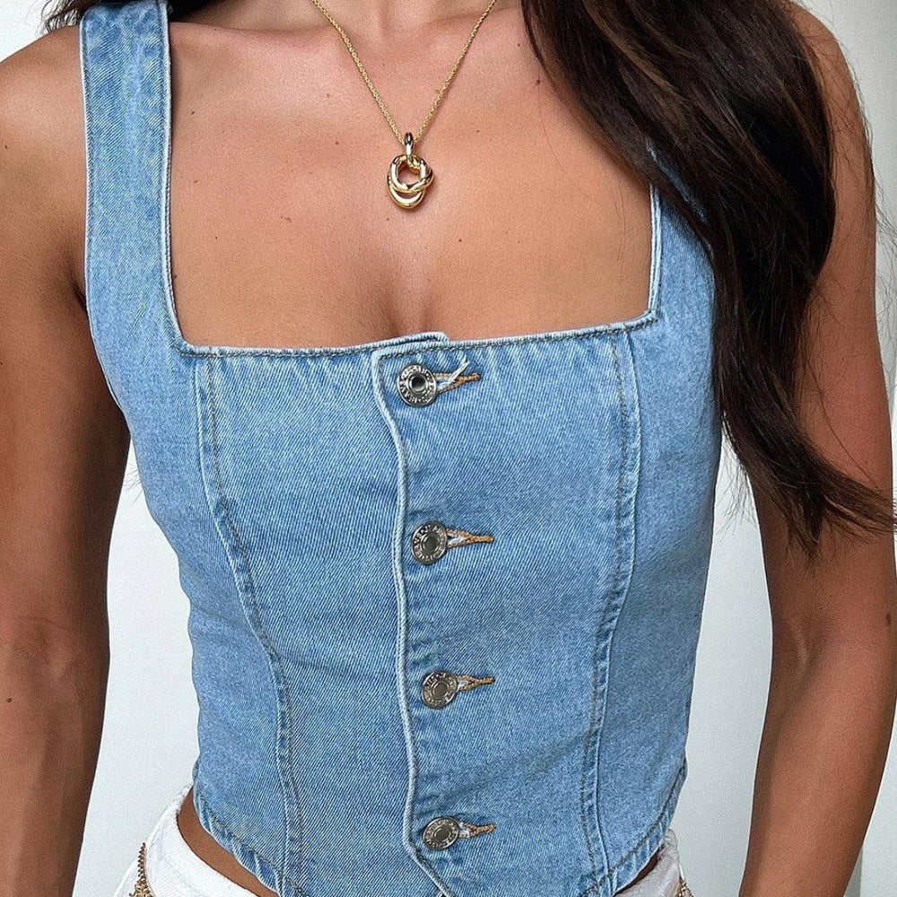 
                      
                        Smocked Square Neck Denim Top Tops
                      
                    