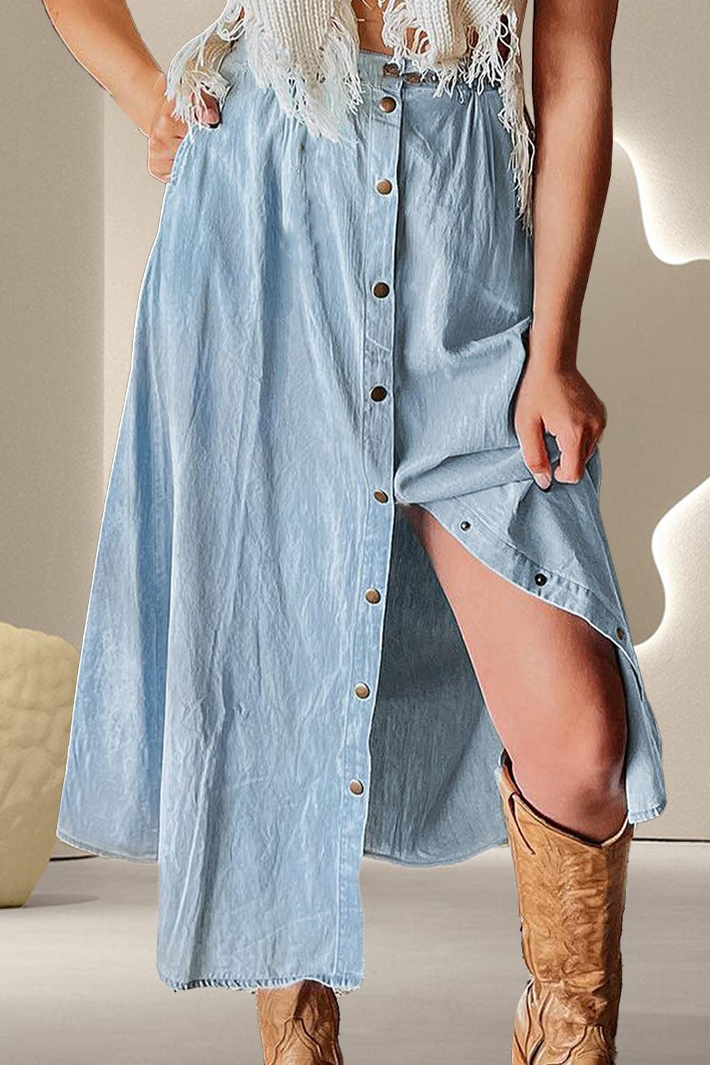 Snap Down High Waist Denim Skirt Skirts