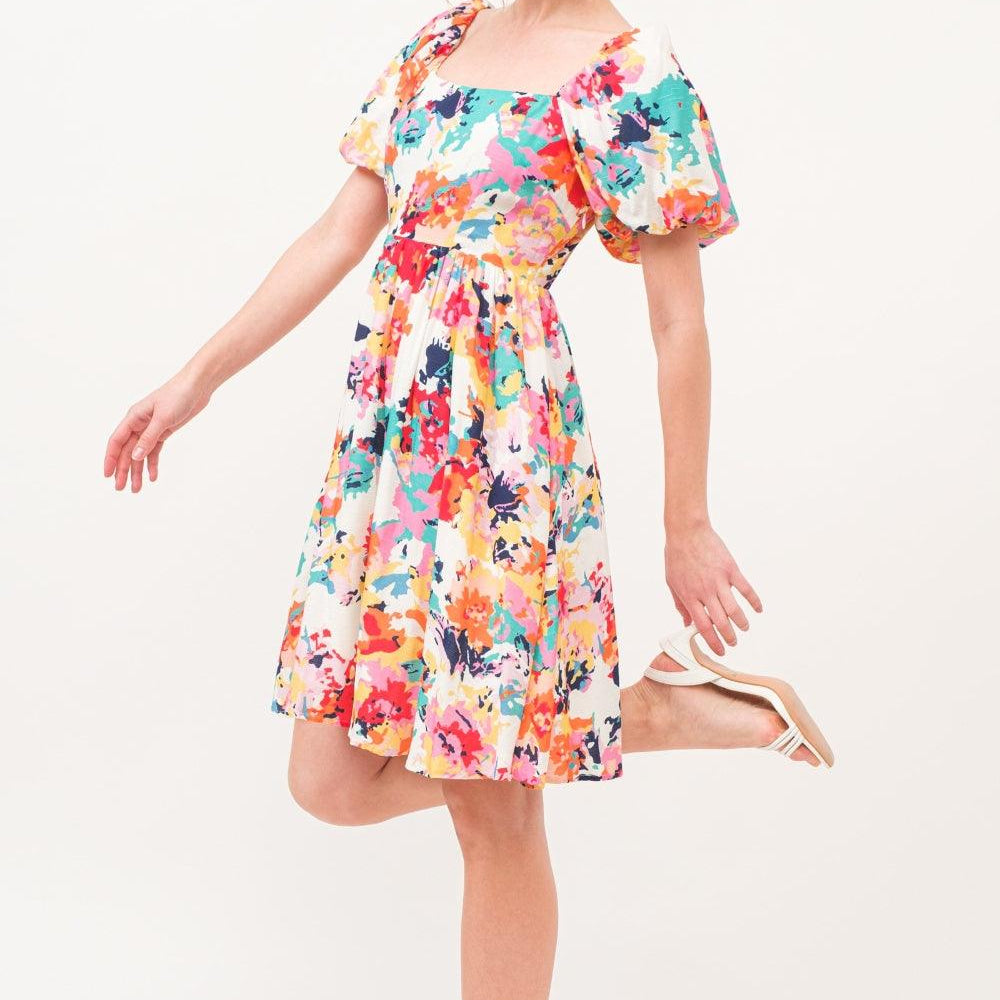 Square Neck Puff Sleeve Floral Dress Dresses