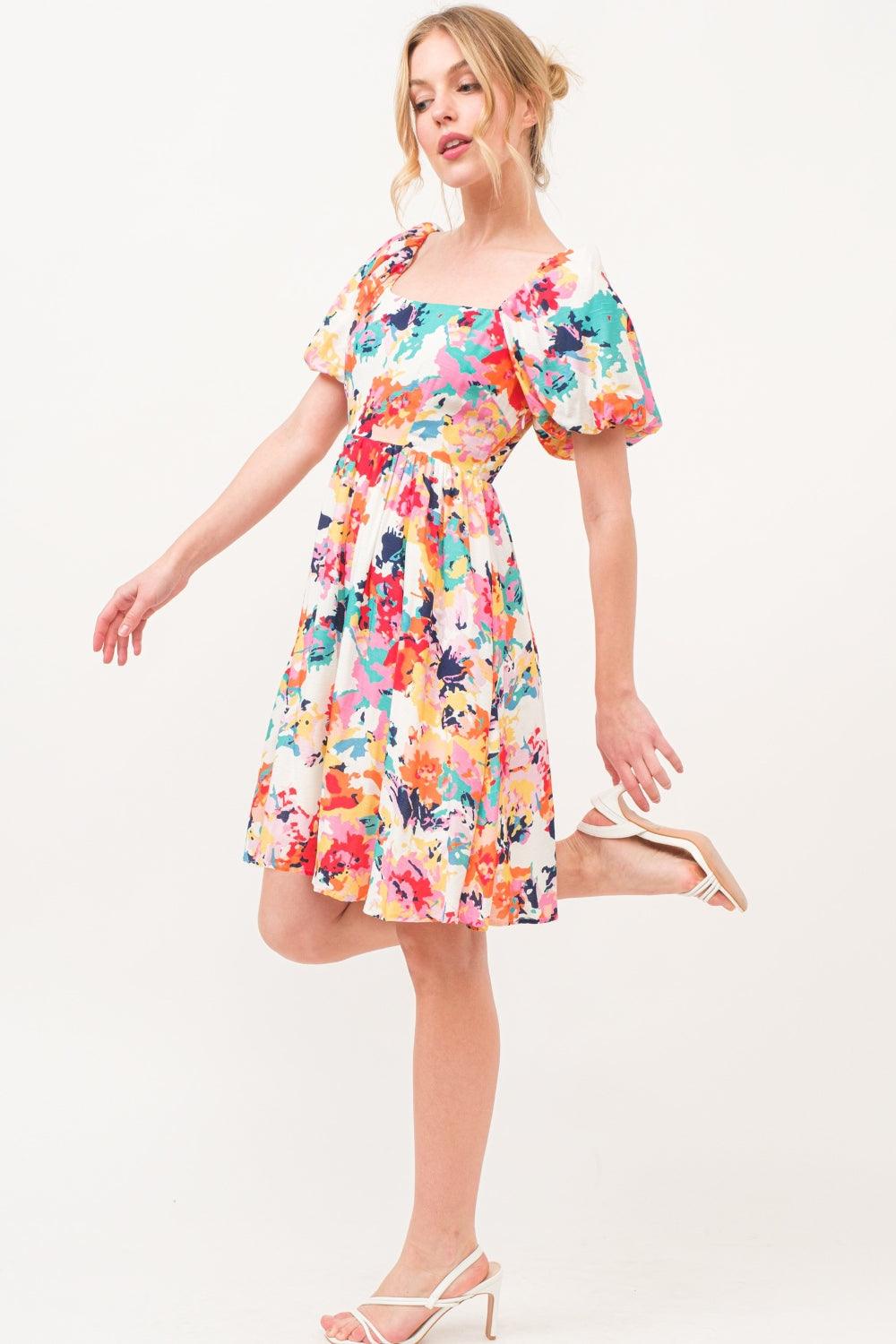 Square Neck Puff Sleeve Floral Dress Dresses