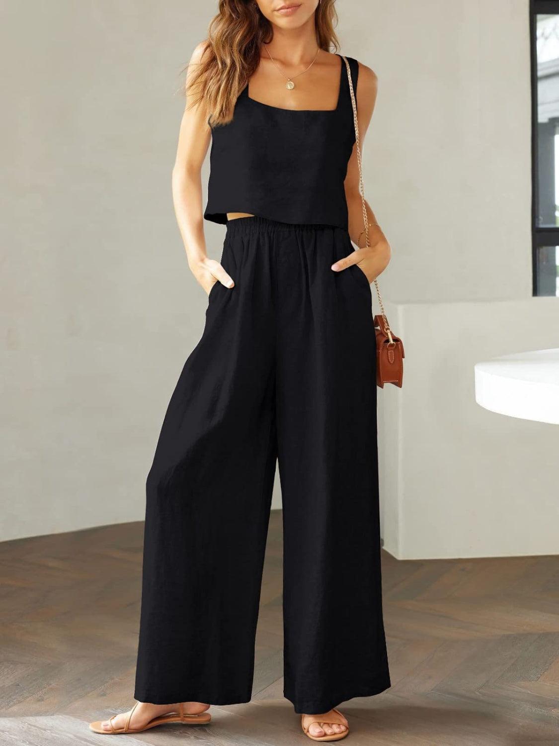 Square Neck Top and Wide Leg Pants Set Sets