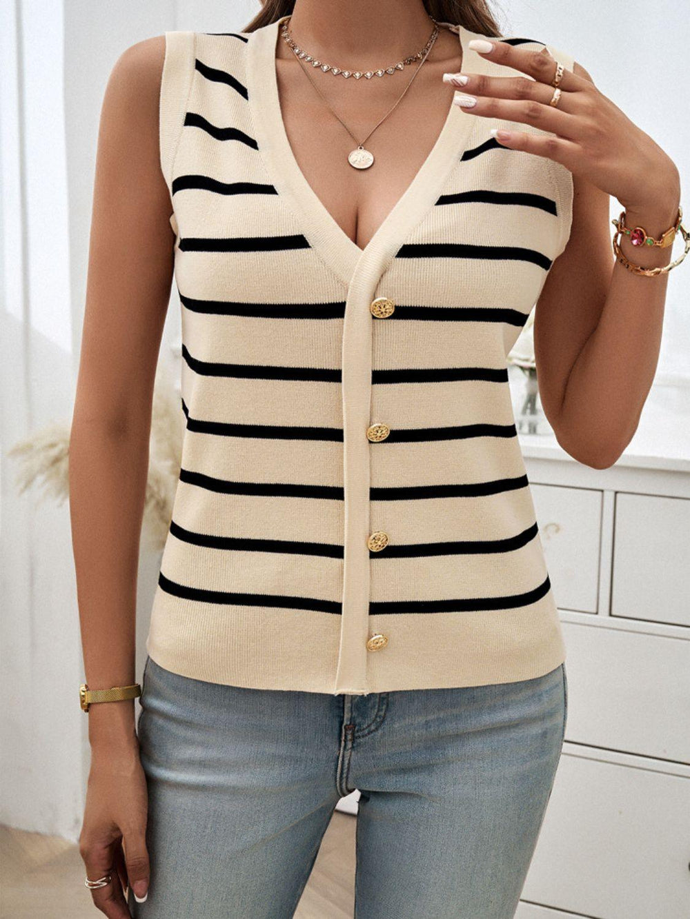 Striped V-Neck Knit Tank Vests