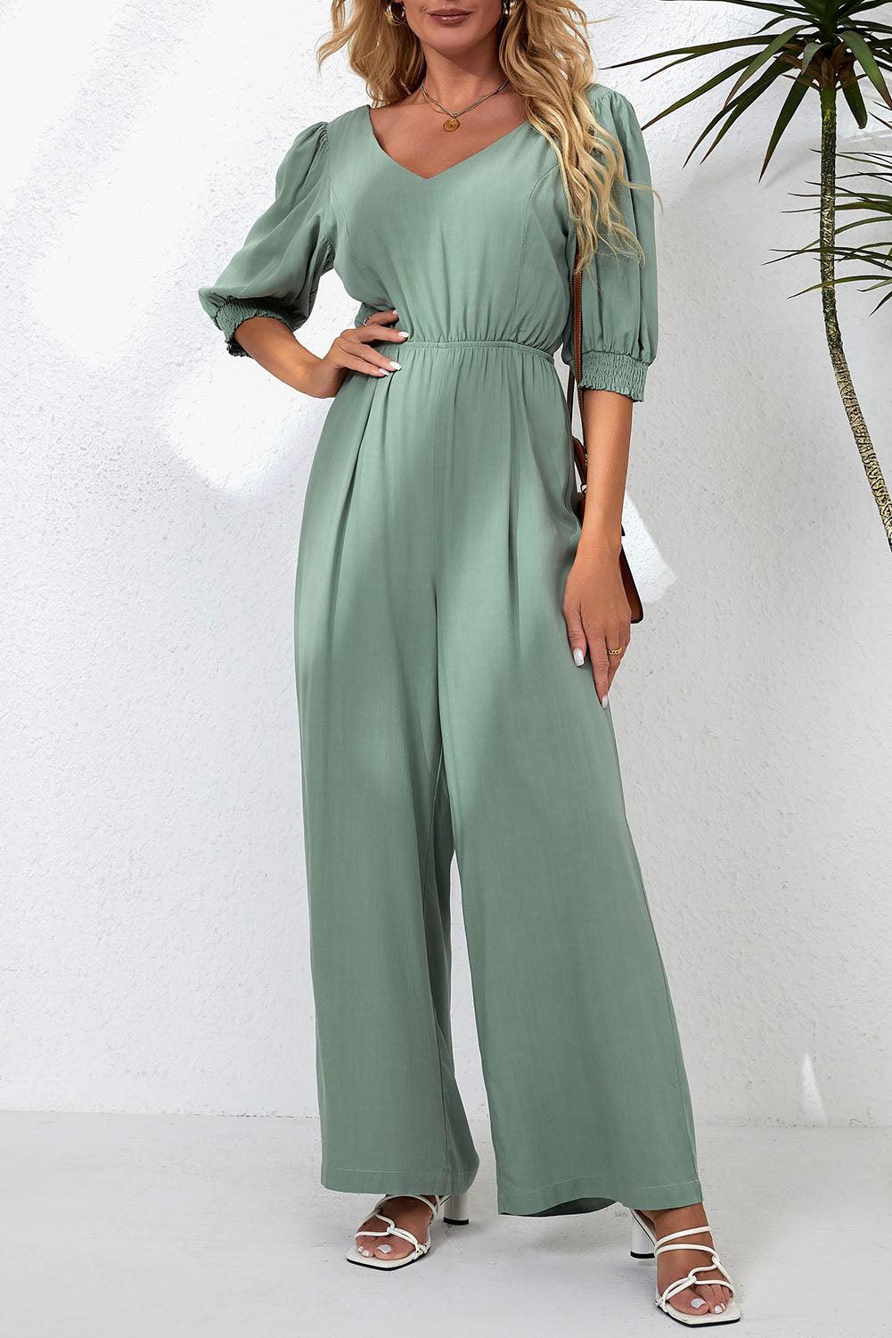 V-Neck Half Sleeve Jumpsuit Jumpsuits