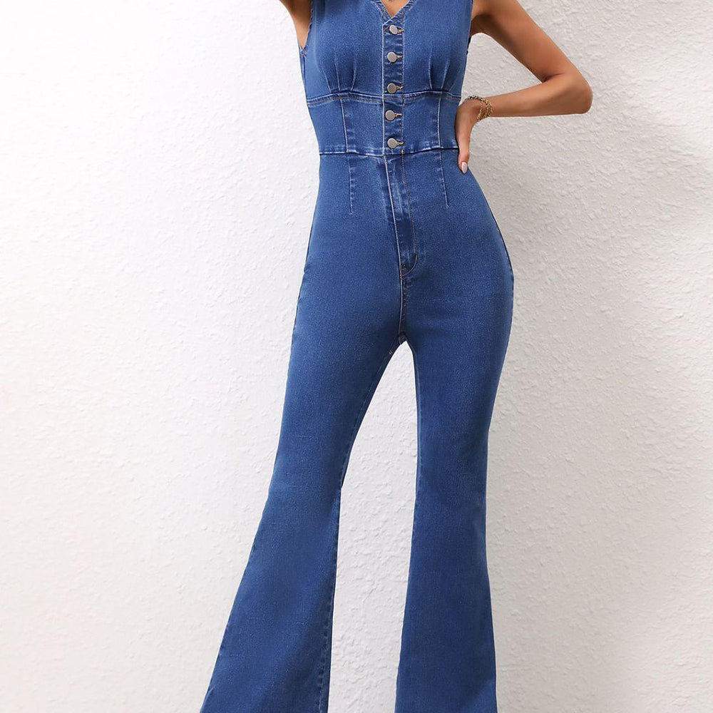 V-Neck Sleeveless Denim Jumpsuit Jumpsuits