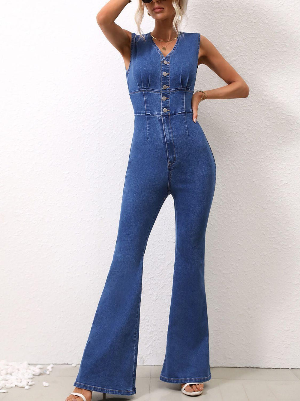 V-Neck Sleeveless Denim Jumpsuit Jumpsuits