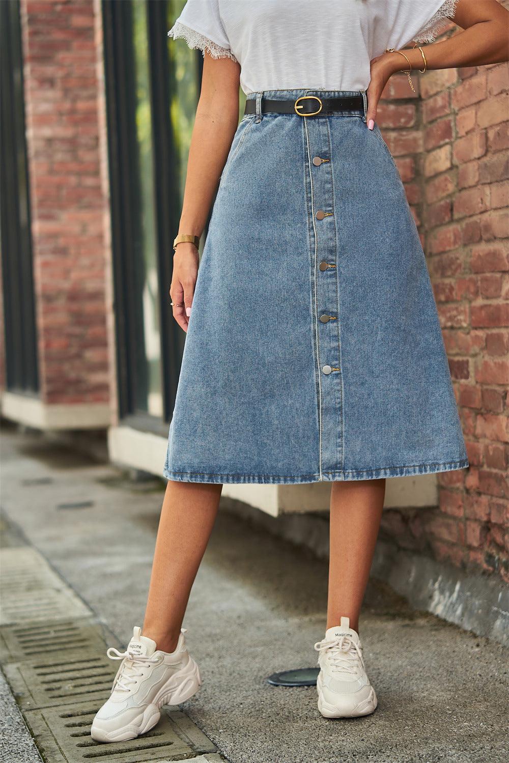 Button Front A-Line Denim Skirt Skirts